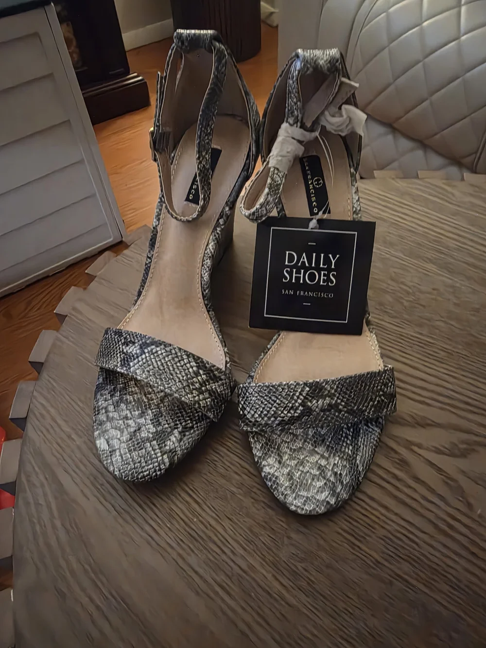 Women's Snake-Print Ankle Strap Sandals in Gray